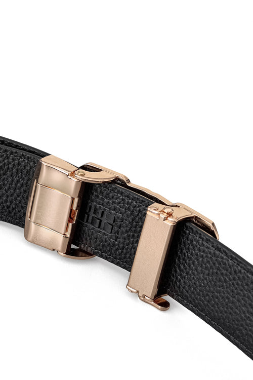 BLT038 - Ostrich-Emb. Leather Lion Auto BKL Belt – Gold Ed.-GOLD/BLACK – view 4