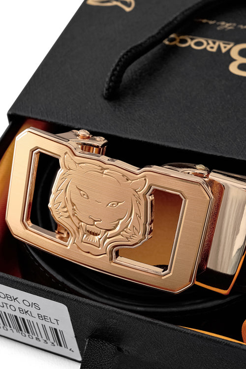 BLT038 - Ostrich-Emb. Leather Lion Auto BKL Belt – Gold Ed.-GOLD/BLACK – view 5