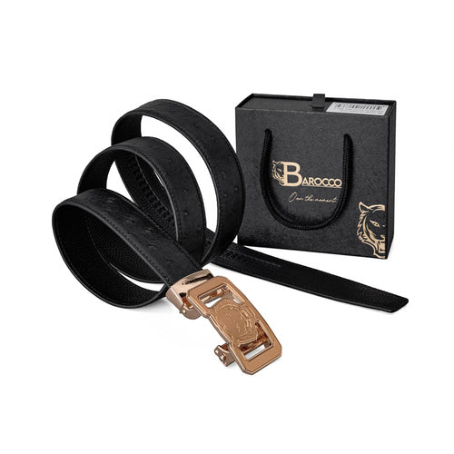 BLT038 - Ostrich-Emb. Leather Lion Auto BKL Belt – Gold Ed.-GOLD/BLACK – view 6