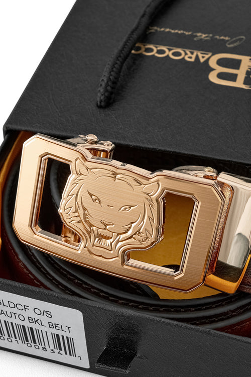 BLT039 - Ostrich-Emb. Leather Lion Auto BKL Belt – Gold Ed.-GOLD/COFFEE – view 5