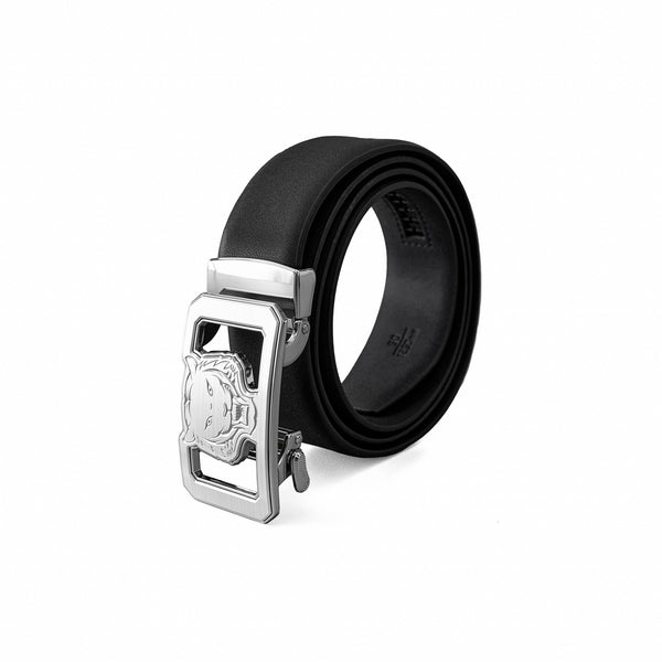 Cinturón plano de cuero Lion Auto BKL – Edición plateada - PLATA/NEGRO