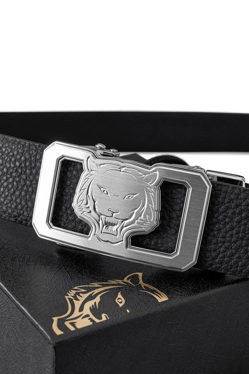BLT041 - Pebbled Leather Lion Auto BKL Belt – Silver Ed.-SILVER/BLACK – view 1
