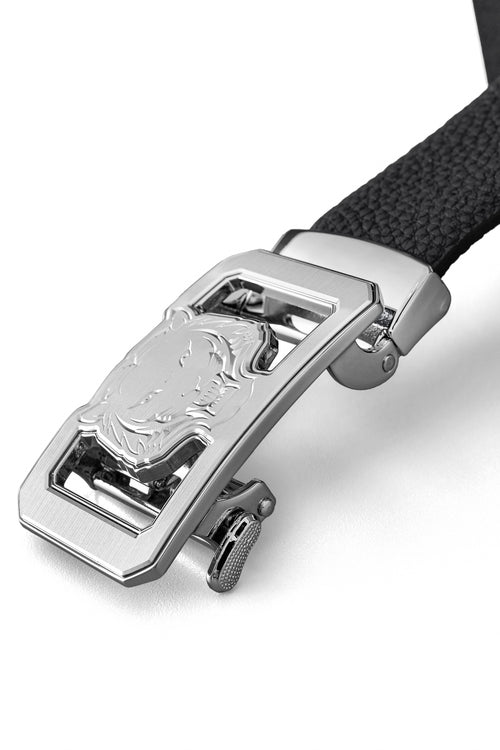 BLT041 - Pebbled Leather Lion Auto BKL Belt – Silver Ed.-SILVER/BLACK – view 2
