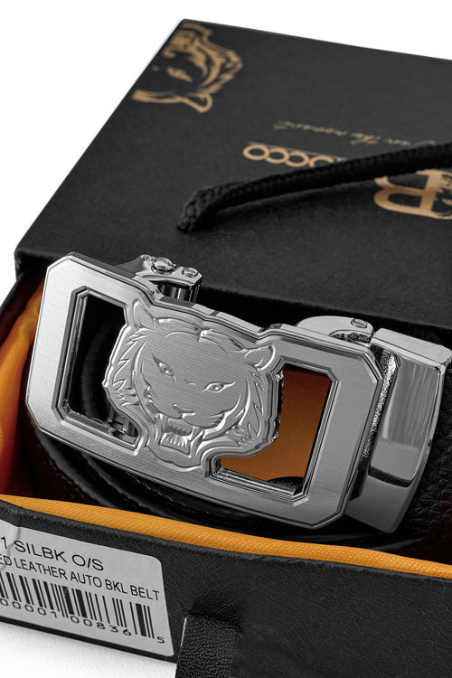 BLT041 - Pebbled Leather Lion Auto BKL Belt – Silver Ed.-SILVER/BLACK – view 5