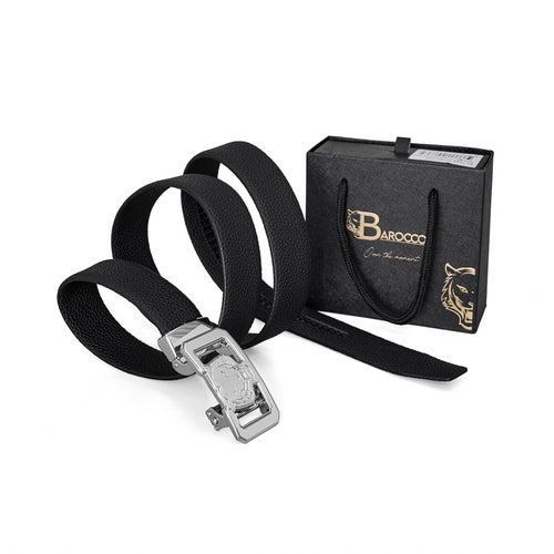 BLT041 - Pebbled Leather Lion Auto BKL Belt – Silver Ed.-SILVER/BLACK – view 6