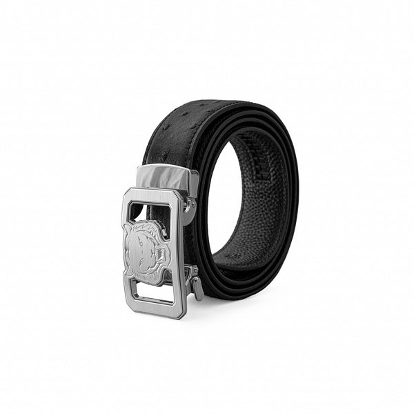 Cinturón de piel de avestruz Lion Auto BKL – Edición plateada - PLATA/NEGRO