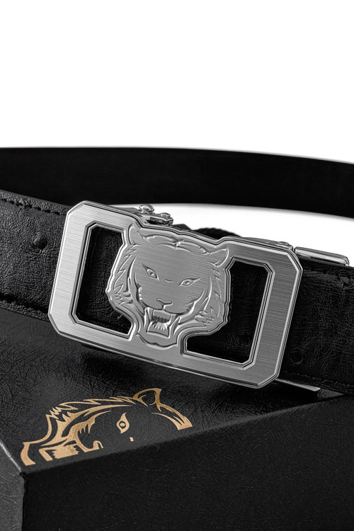 BLT042 - Ostrich Leather Lion Auto BKL Belt – Silver Ed.-SILVER/BLACK – view 1