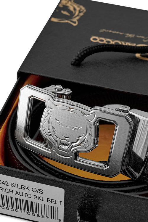 BLT042 - Ostrich Leather Lion Auto BKL Belt – Silver Ed.-SILVER/BLACK – view 5