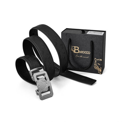 BLT042 - Ostrich Leather Lion Auto BKL Belt – Silver Ed.-SILVER/BLACK – view 6
