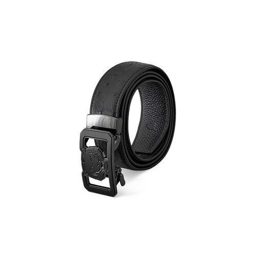 BLT047 - Ostrich-Emb Leather Lion Auto BKL Belt – Gunmetal-GUN/BLACK