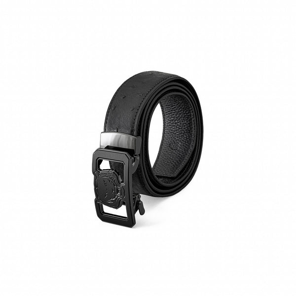 Cinturón BKL Auto de piel de avestruz con diseño de león – Gunmetal/NEGRO