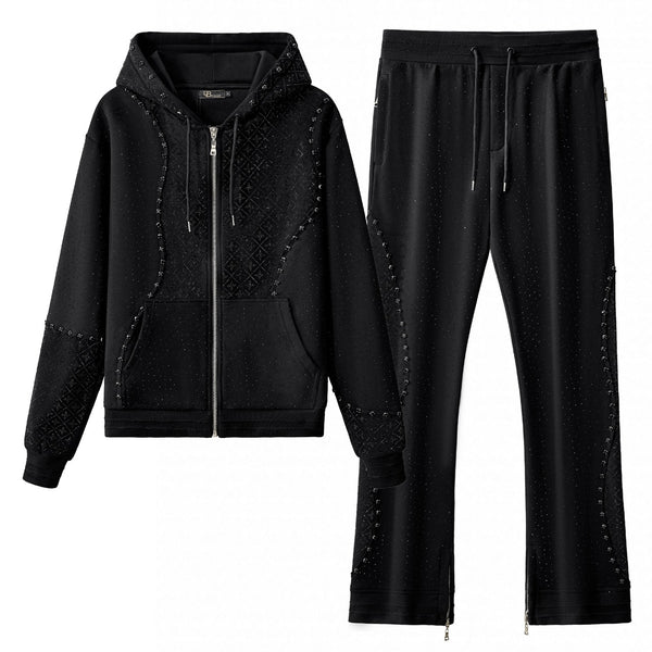 CJS424 - Radiant Grid Stone Hoodie & Jogger Set-BLACK