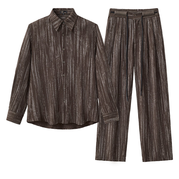 Conjunto Canyon: Camisa de manga larga estampada y pantalón plisado - MARRÓN