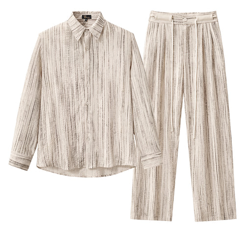 Conjunto Canyon: Camisa de manga larga estampada y pantalón plisado - Color topo