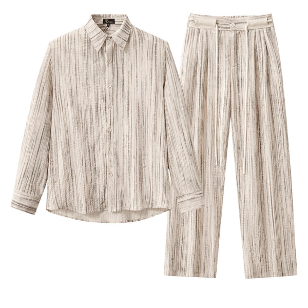 Conjunto Canyon: Camisa de manga larga estampada y pantalón plisado - Color topo