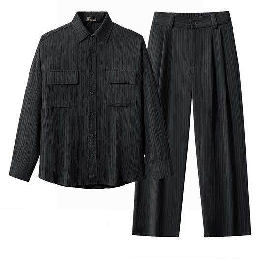 Crinkle Texture Shirt & Pant Set-BLACK