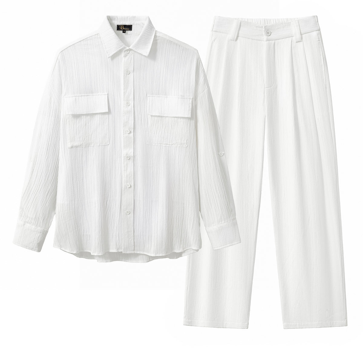 Conjunto de camisa y pantalón con textura arrugada - BLANCO