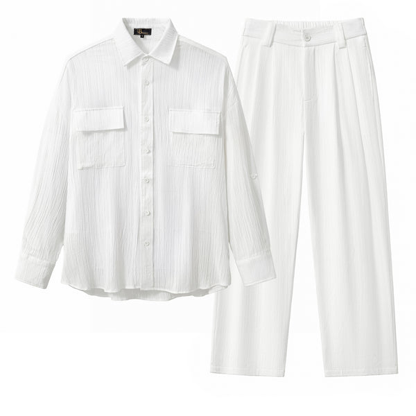 Conjunto de camisa y pantalón con textura arrugada - BLANCO