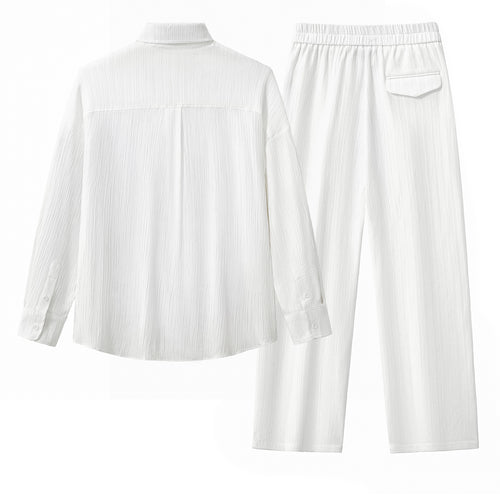 Conjunto de camisa y pantalón con textura arrugada - BLANCO