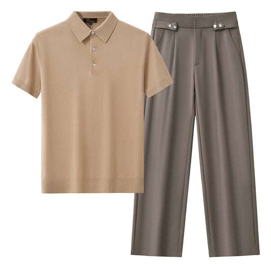 Everyday Luxe Polo + Kingsley Side-Tab Trousers SET - KHAKI/BROWN