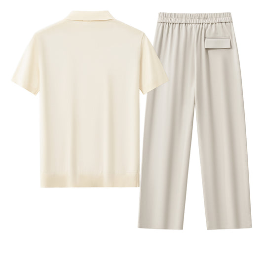 Everyday Luxe Polo + Kingsley Side-Tab Trousers SET - WHITE/TAUPE