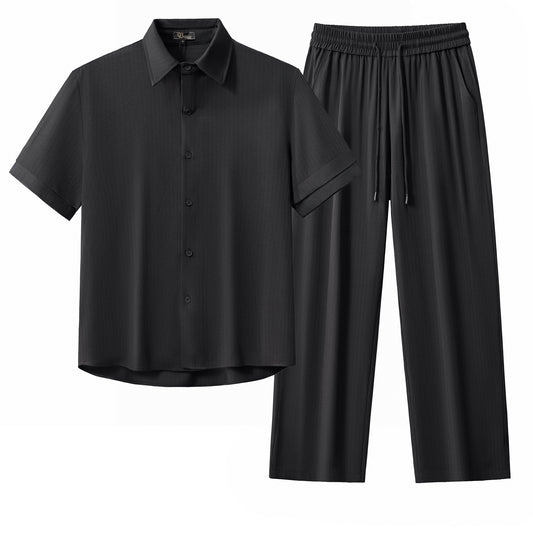 Flow Set – Textured Short Sleeve Shirt & Pant-BLACK