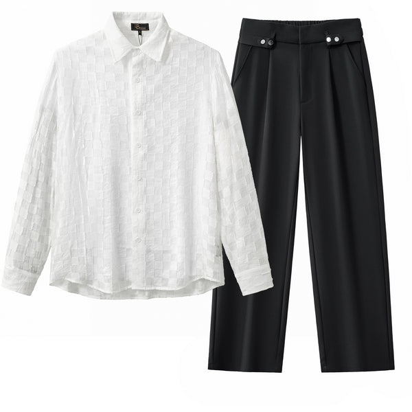 Conjunto de camisa de manga larga con textura Haven y pantalón con trabillas laterales Kingsley - Blanco/Negro