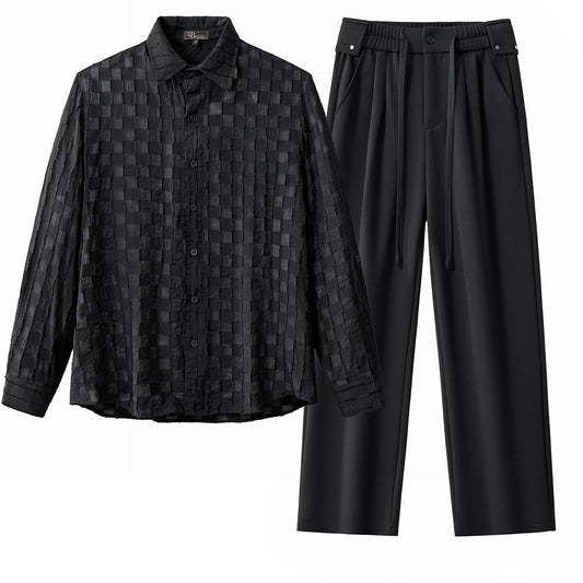 Haven Textured Long Sleeve Shirt + Solace Pleated Trousers SET - BLACK