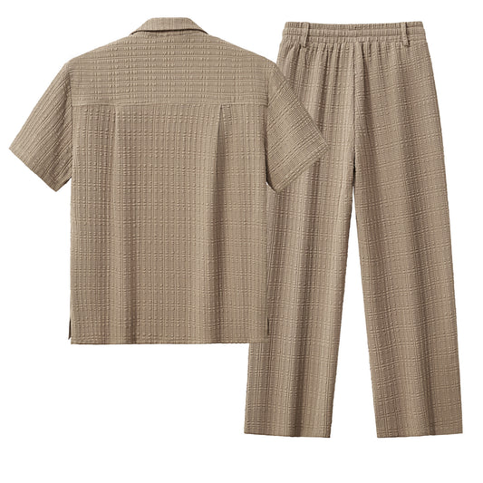 Loft Set – Textured Short Sleeve Shirt & Pant-BROWN