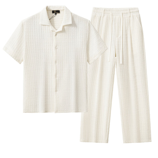 Loft Set – Textured Short Sleeve Shirt & Pant-TAUPE