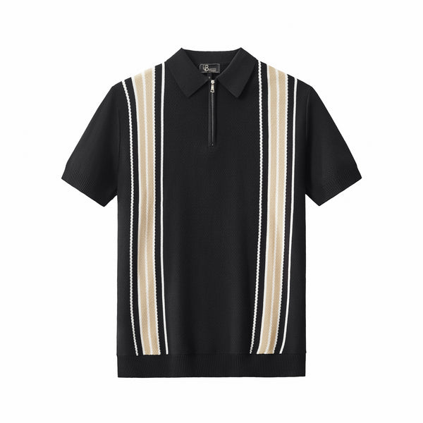 PSS612 - Retro Stripe Zip Polo-BLACK/KHAKI