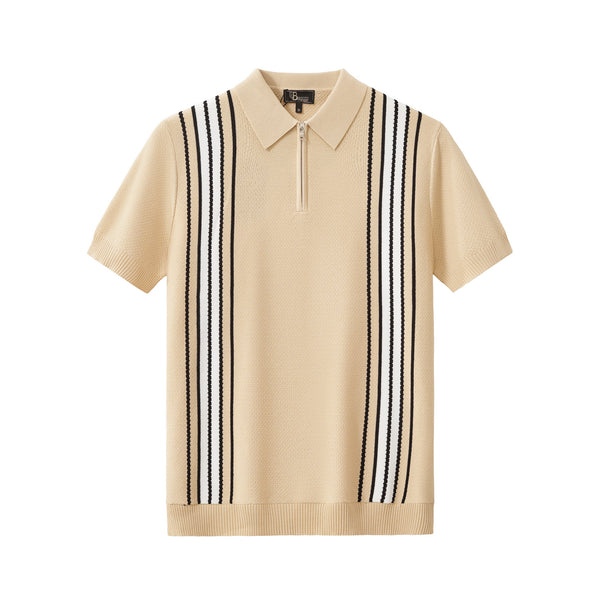 PSS612 - Retro Stripe Zip Polo-KHAKI/WHITE