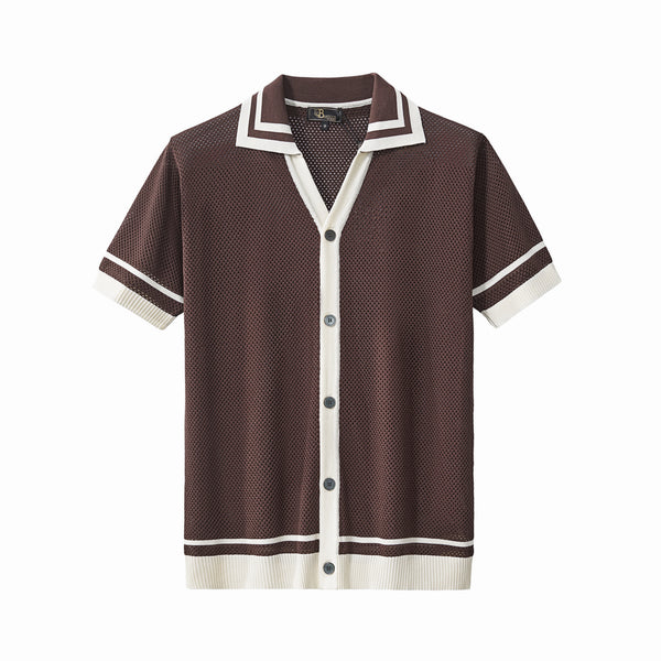 PSS619 - Contrast Trim Mesh Button-Up-COFFEE