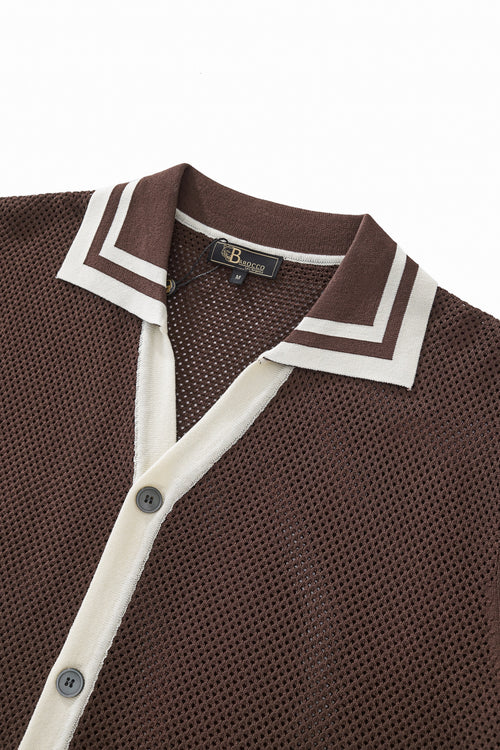 Camisa de malla con ribete en contraste y botones - CAFÉ – view 2