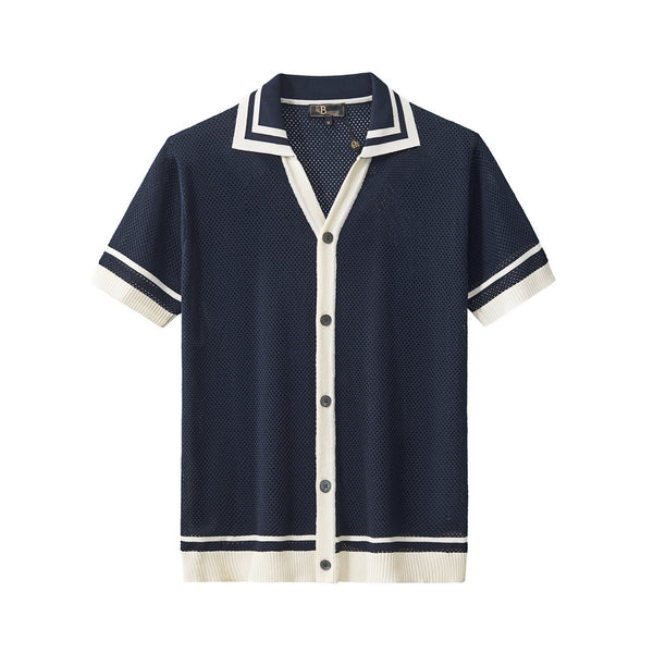 Camisa de malla con ribete en contraste y botones - AZUL MARINO