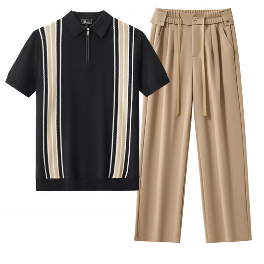 Retro Stripe Zip Polo + Solace Pleated Trousers SET - BROWN/BLACK/KHAKI