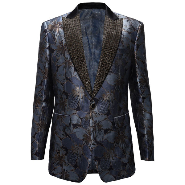 SB465 - Midnight Bloom Jacquard Blazer-BLUE/GOLD