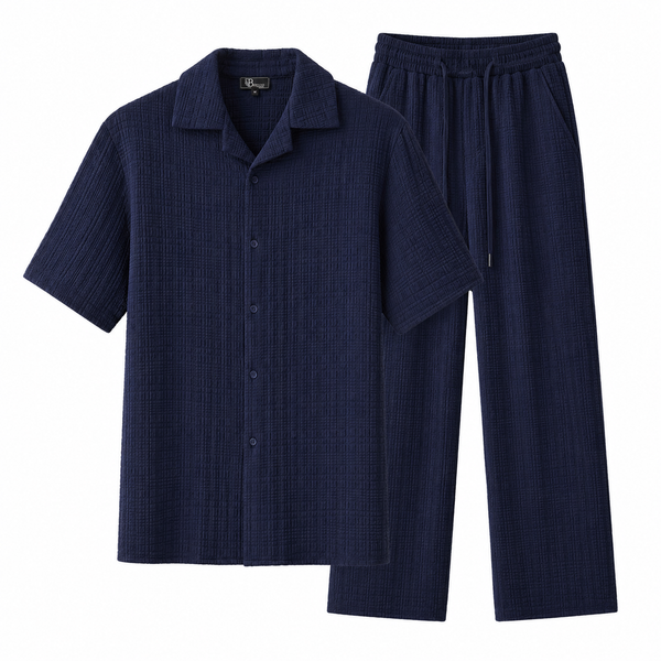 SET811-Loft Set – Textured Short Sleeve Shirt & Pant-NAVY