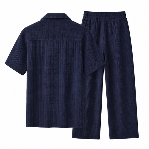 SET811-Loft Set – Textured Short Sleeve Shirt & Pant-NAVY – view 1